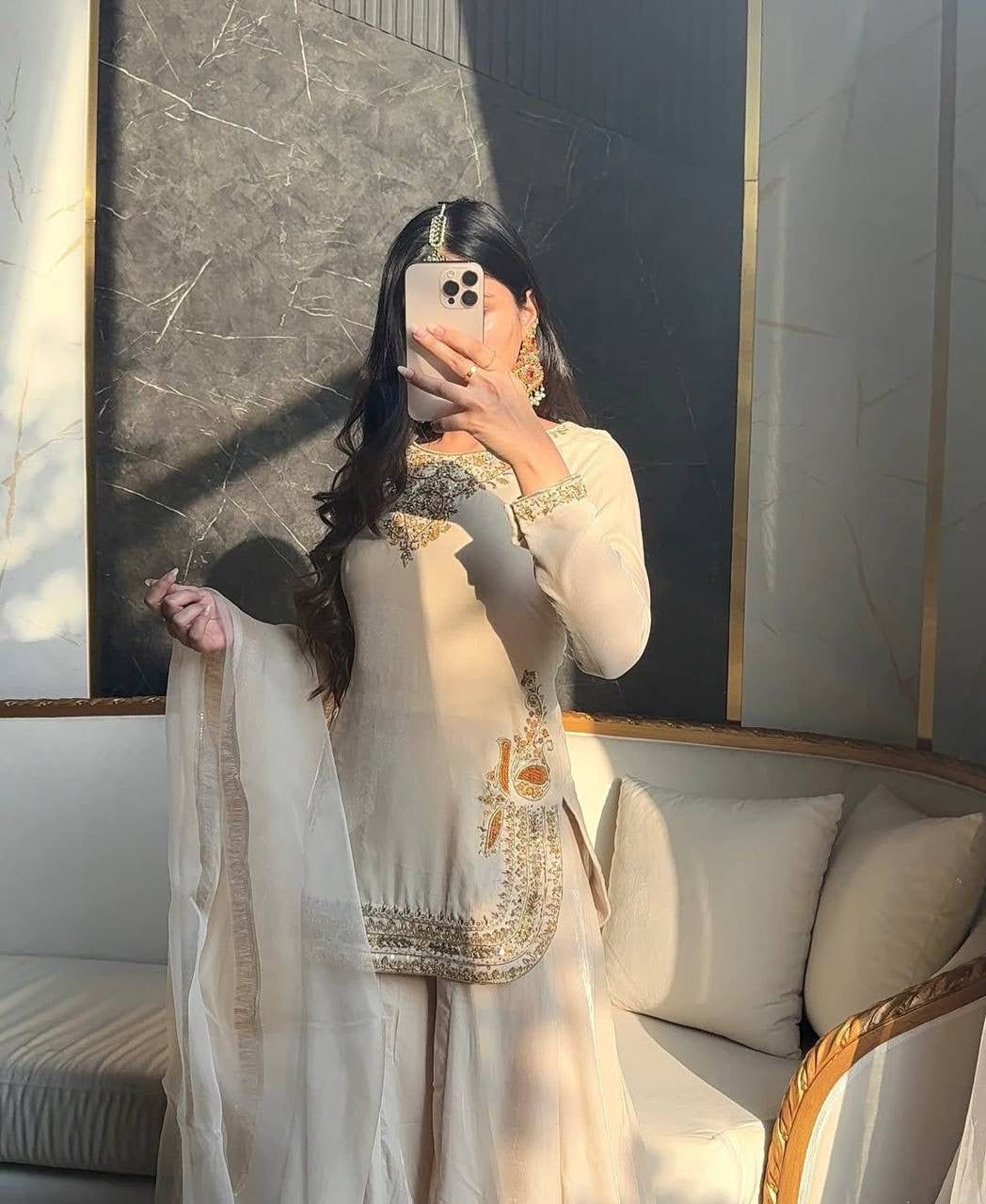 IVORY EMBROIDED SHORT KURTA PALAZZO SET WITH DUPATTA