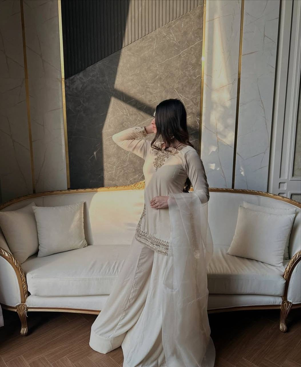 IVORY EMBROIDED SHORT KURTA PALAZZO SET WITH DUPATTA