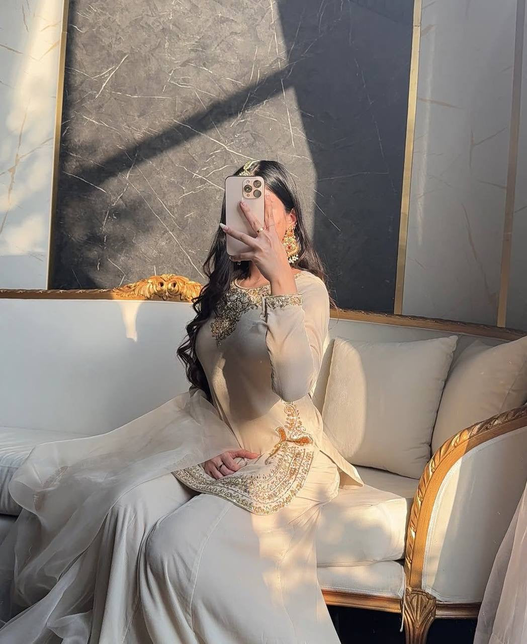 IVORY EMBROIDED SHORT KURTA PALAZZO SET WITH DUPATTA