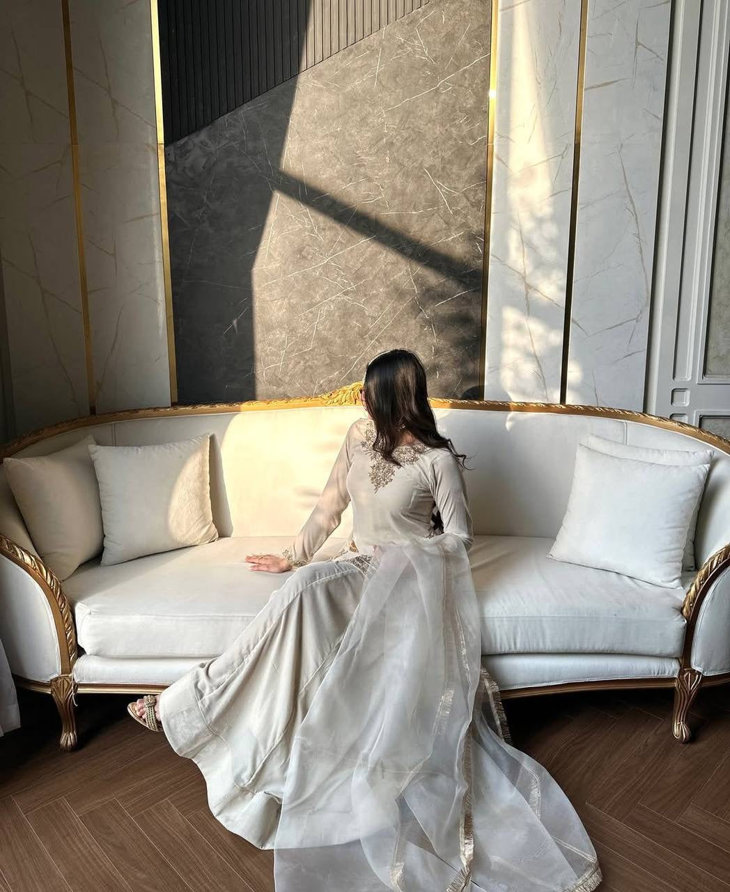 IVORY EMBROIDED SHORT KURTA PALAZZO SET WITH DUPATTA