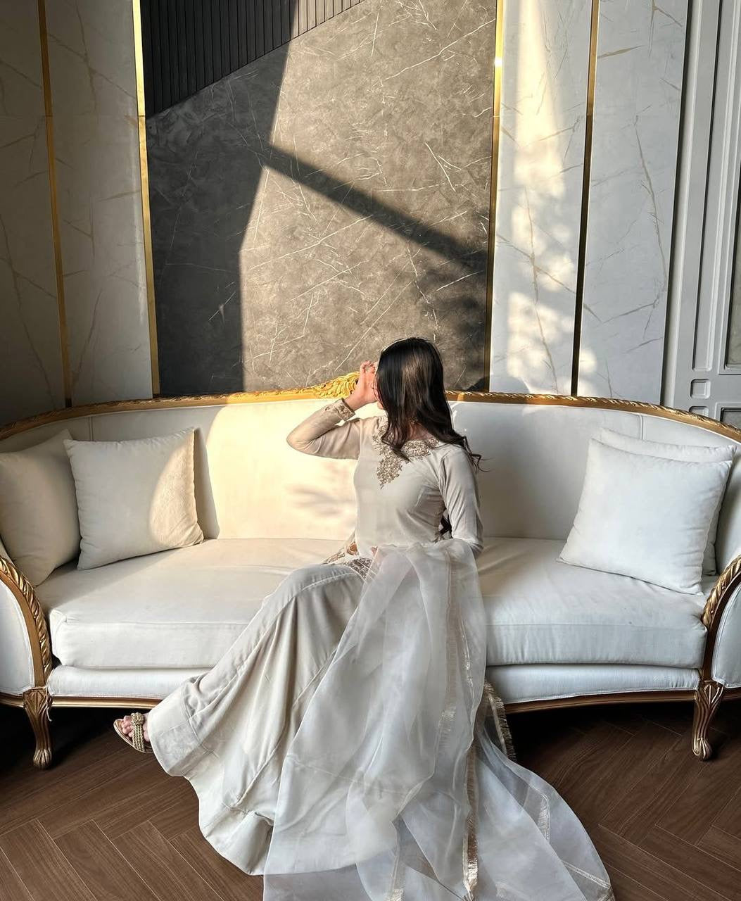 IVORY EMBROIDED SHORT KURTA PALAZZO SET WITH DUPATTA