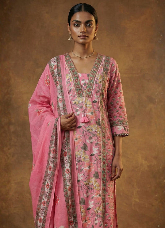 Women’s Pink Floral Printed Kurta Set with Dupatta