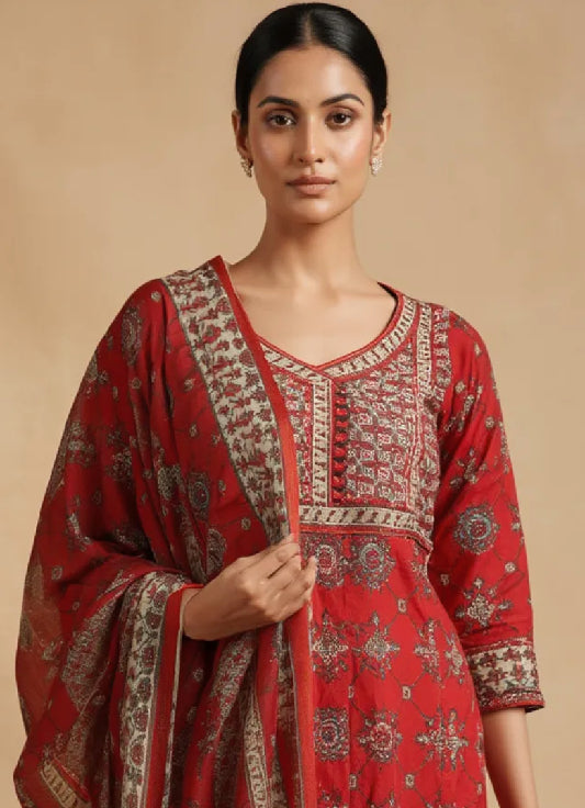 Women’s Wine Red Printed & Embroidered Kurta Set with Dupatta
