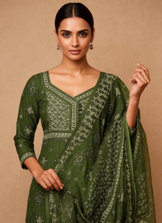 Olive Green Printed Kurta Set with Dupatta