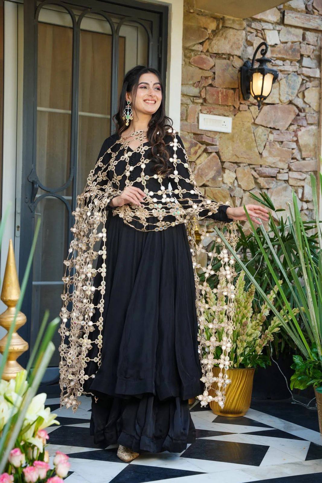 Black Roman Silk Kurta and Pants with Net Mirror work dupatta