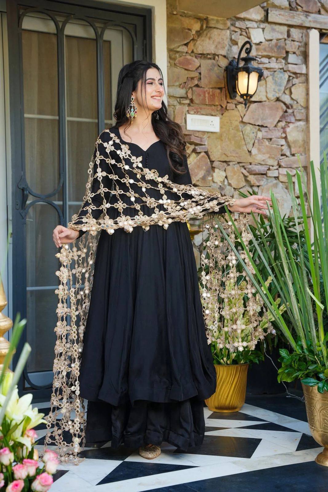 Black Roman Silk Kurta and Pants with Net Mirror work dupatta
