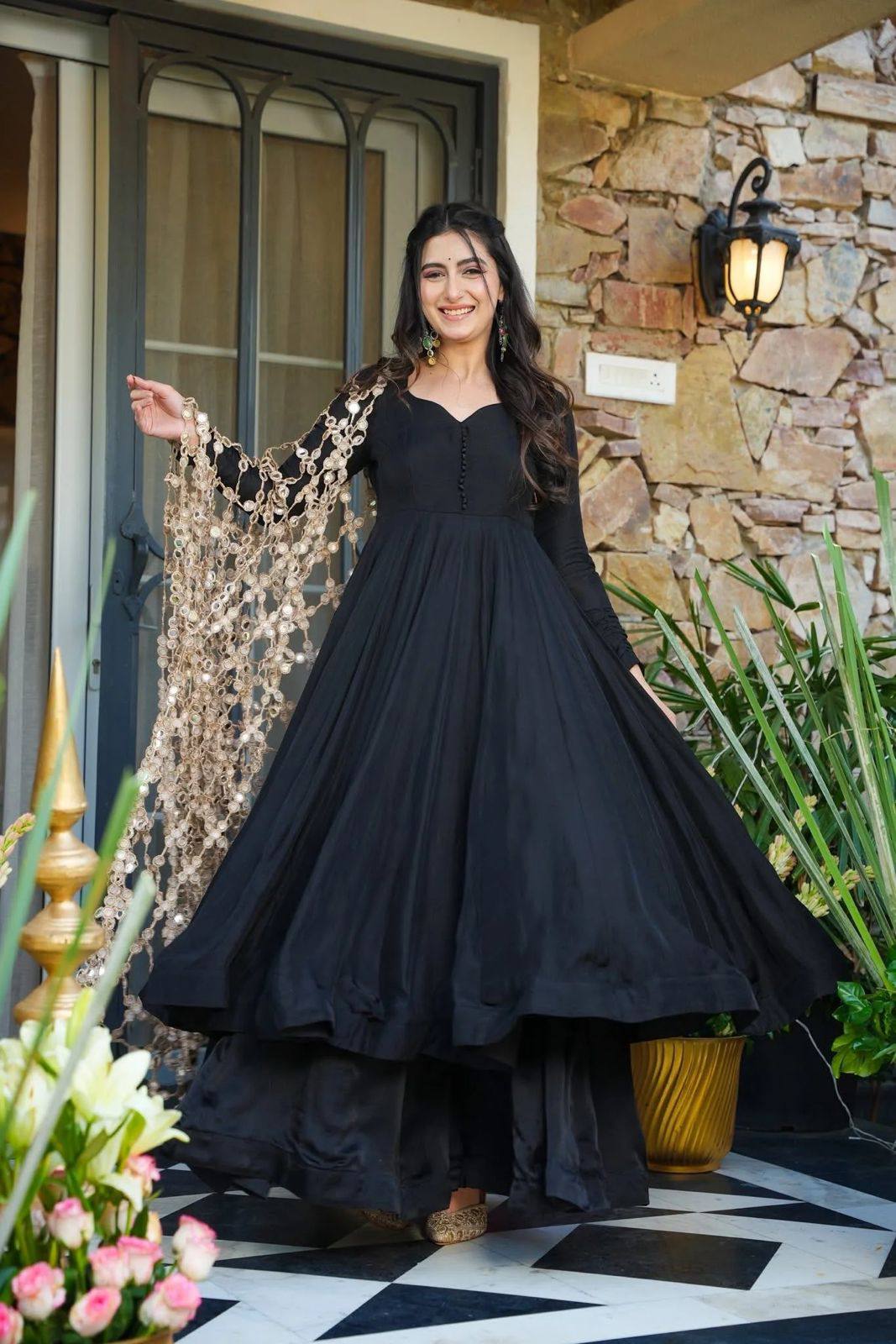 Black Roman Silk Kurta and Pants with Net Mirror work dupatta
