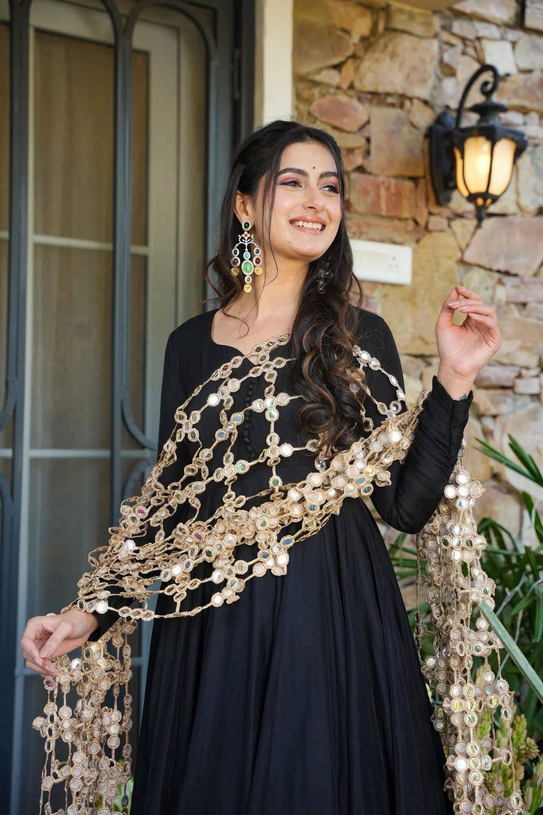 Black Roman Silk Kurta and Pants with Net Mirror work dupatta
