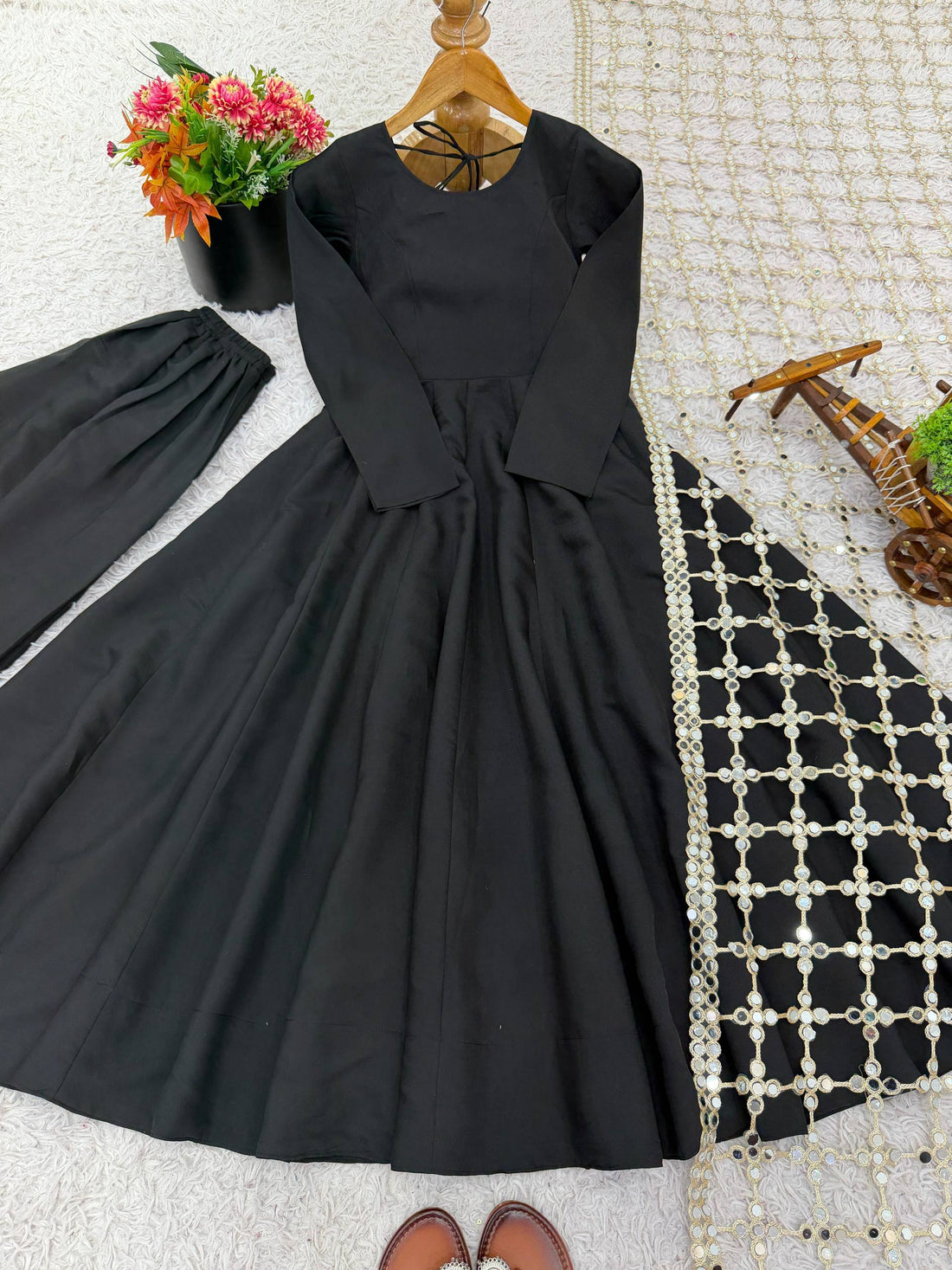 Black Roman Silk Kurta and Pants with Net Mirror work dupatta