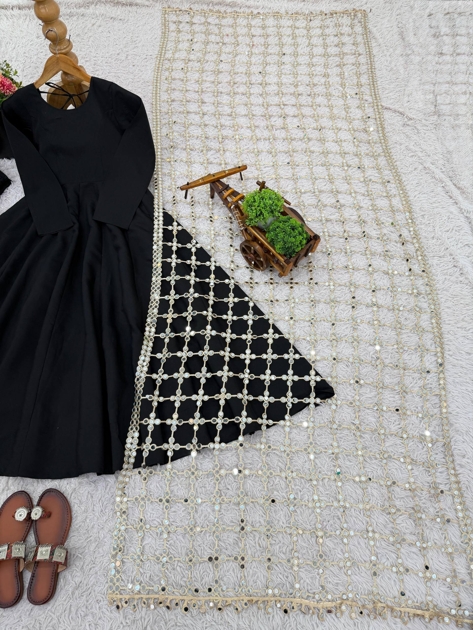 Black Roman Silk Kurta and Pants with Net Mirror work dupatta