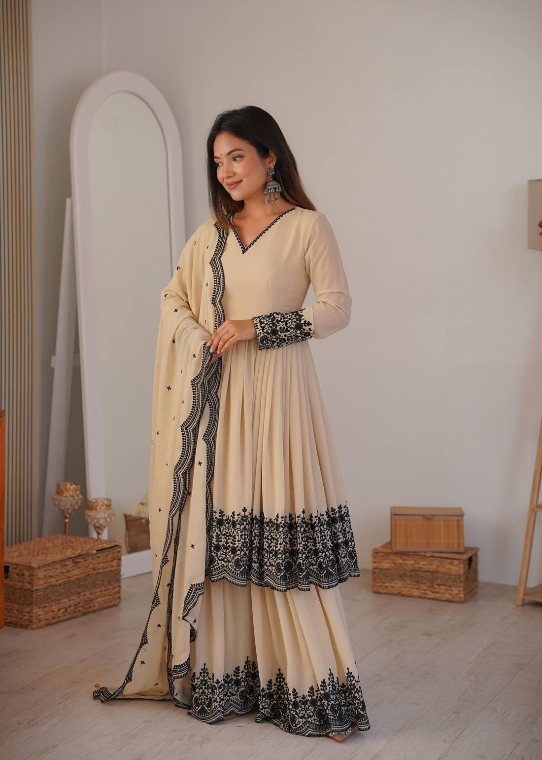 Off White Flared Kurta with palazzo and Dupatta