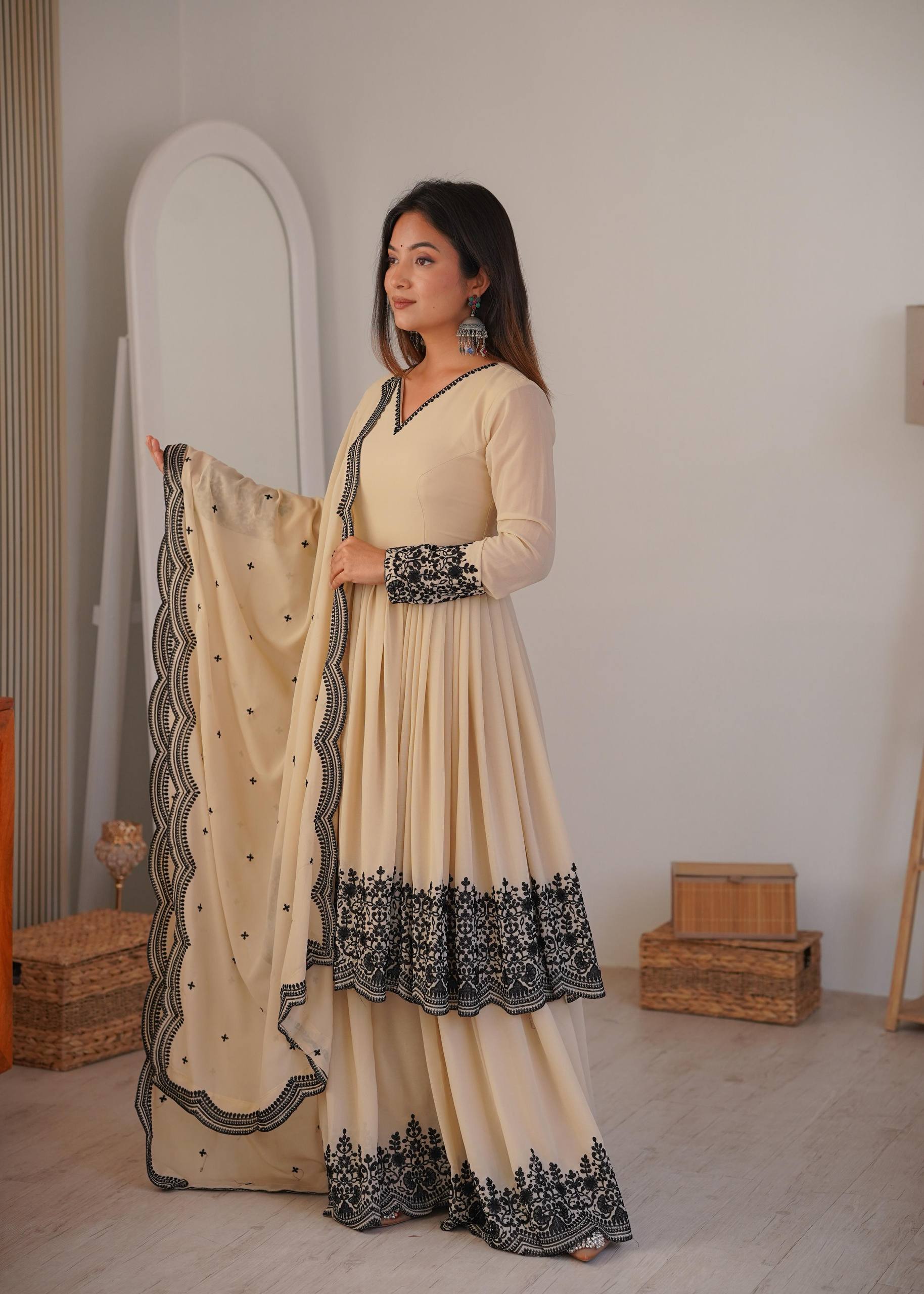 Off White Flared Kurta with palazzo and Dupatta