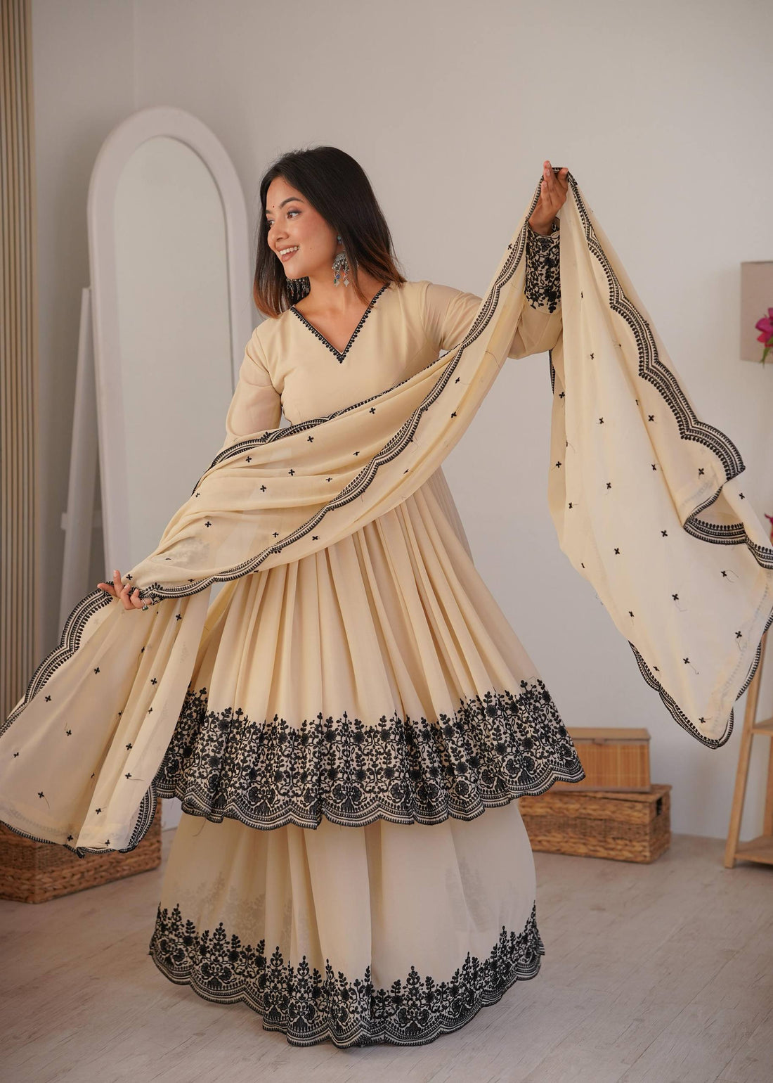 Off White Flared Kurta with palazzo and Dupatta
