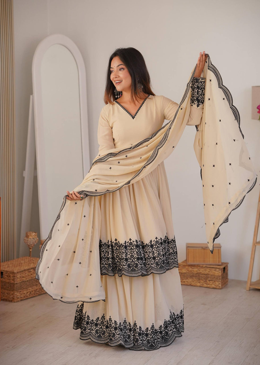 Off White Flared Kurta with palazzo and Dupatta