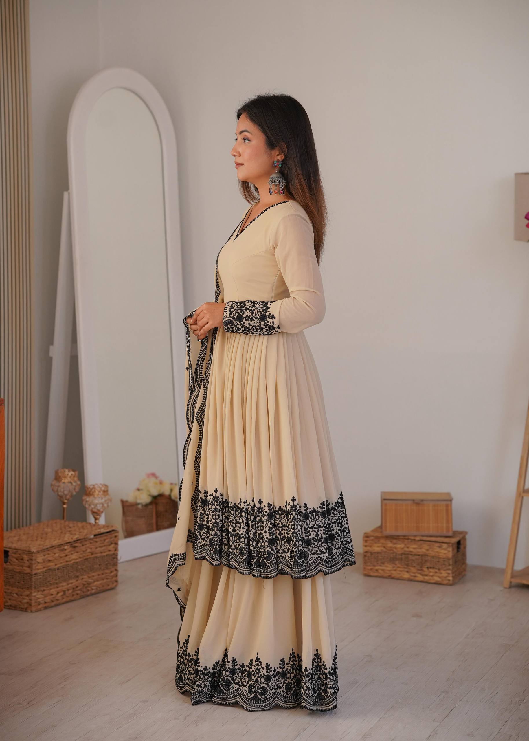 Off White Flared Kurta with palazzo and Dupatta