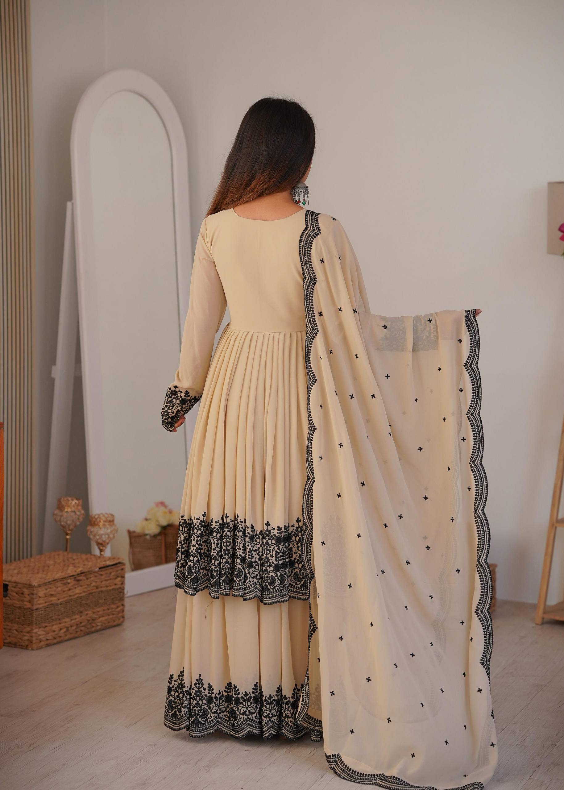 Off White Flared Kurta with palazzo and Dupatta
