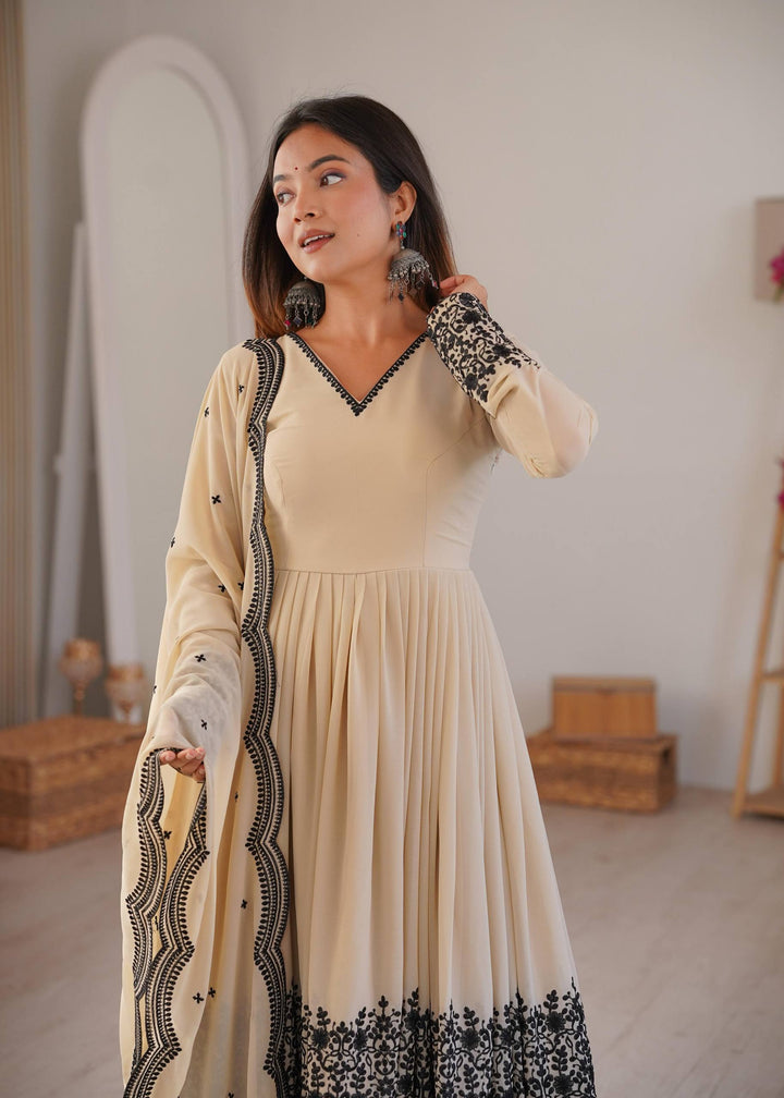 Off White Flared Kurta with palazzo and Dupatta