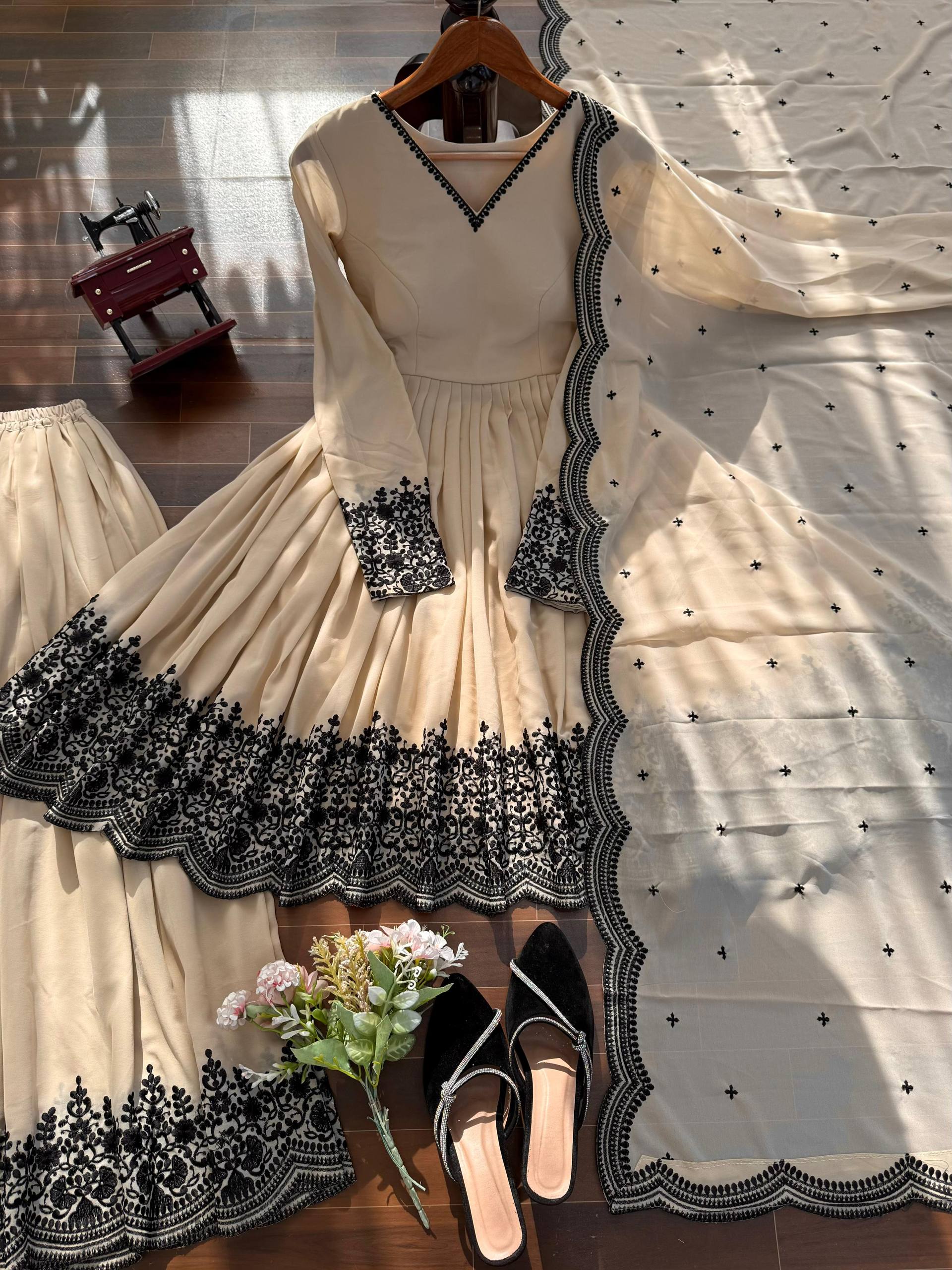 Off White Flared Kurta with palazzo and Dupatta