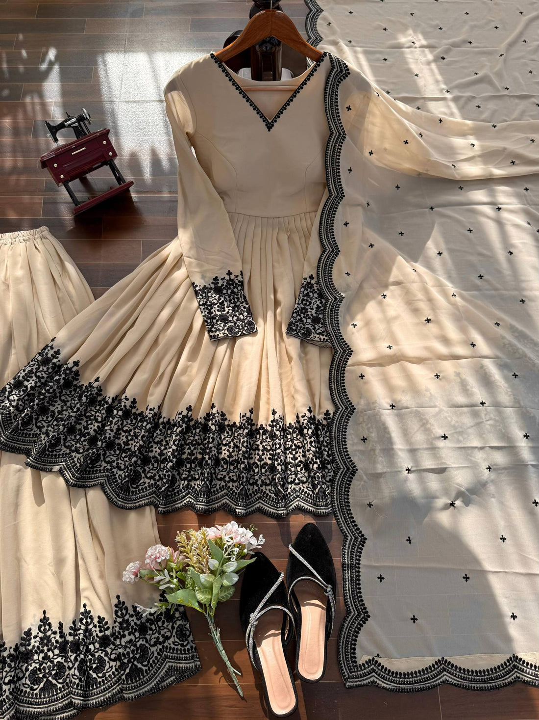 Off White Flared Kurta with palazzo and Dupatta
