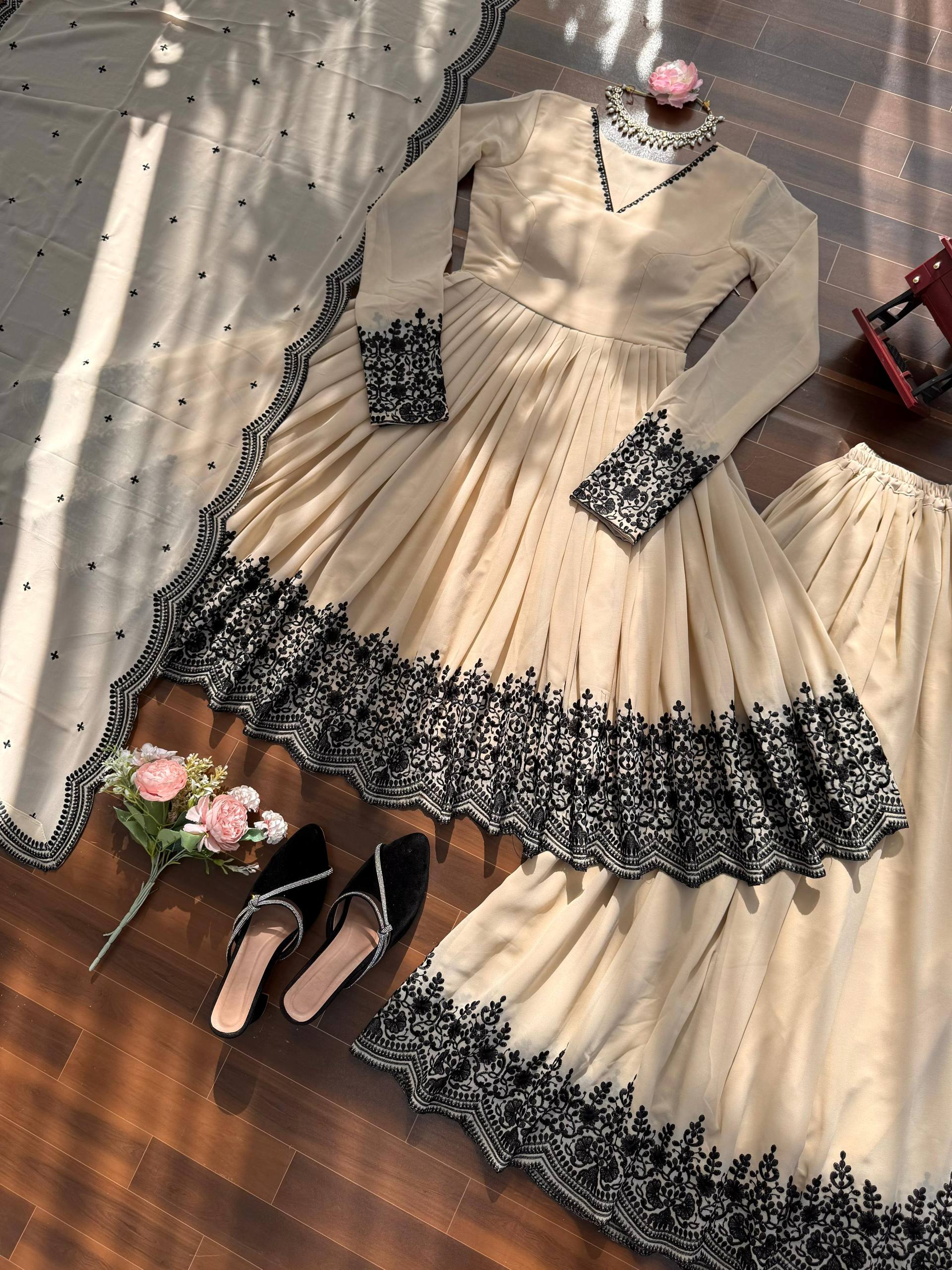 Off White Flared Kurta with palazzo and Dupatta