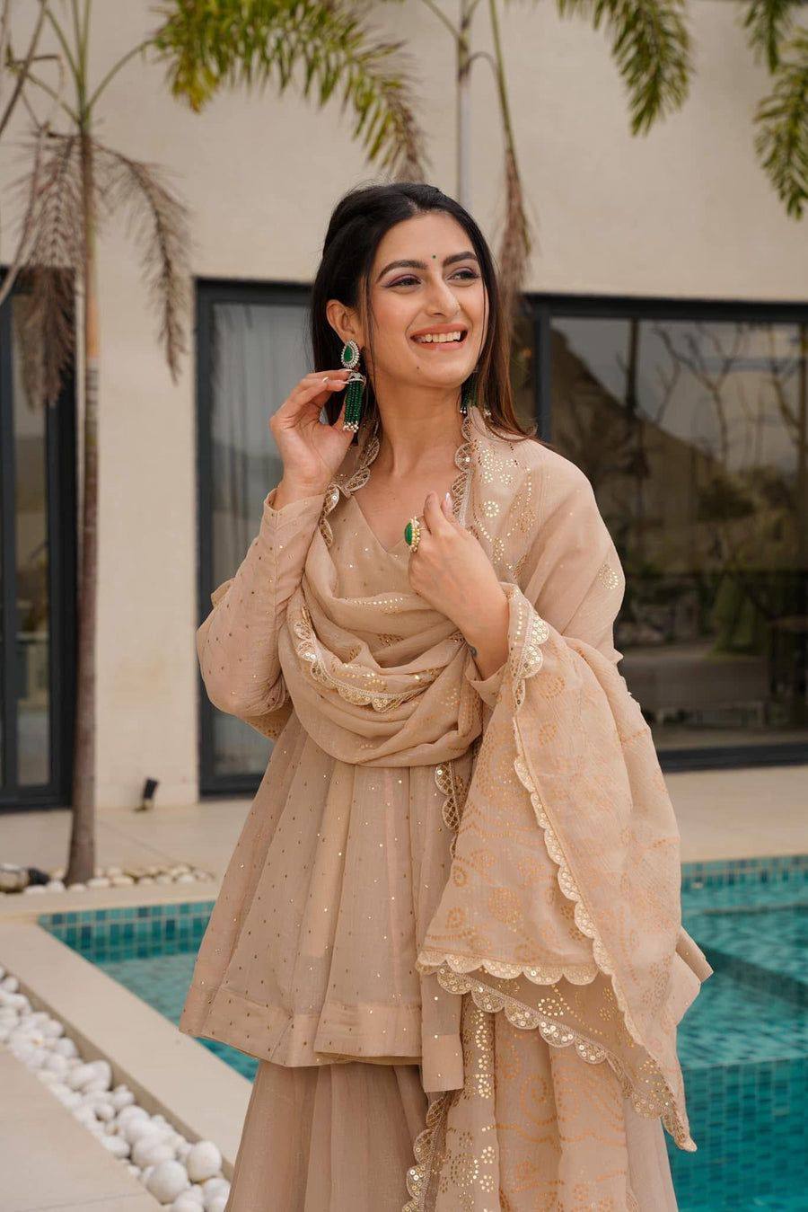 Beige PEPLUM AND SHARARA WITH DUPATTA