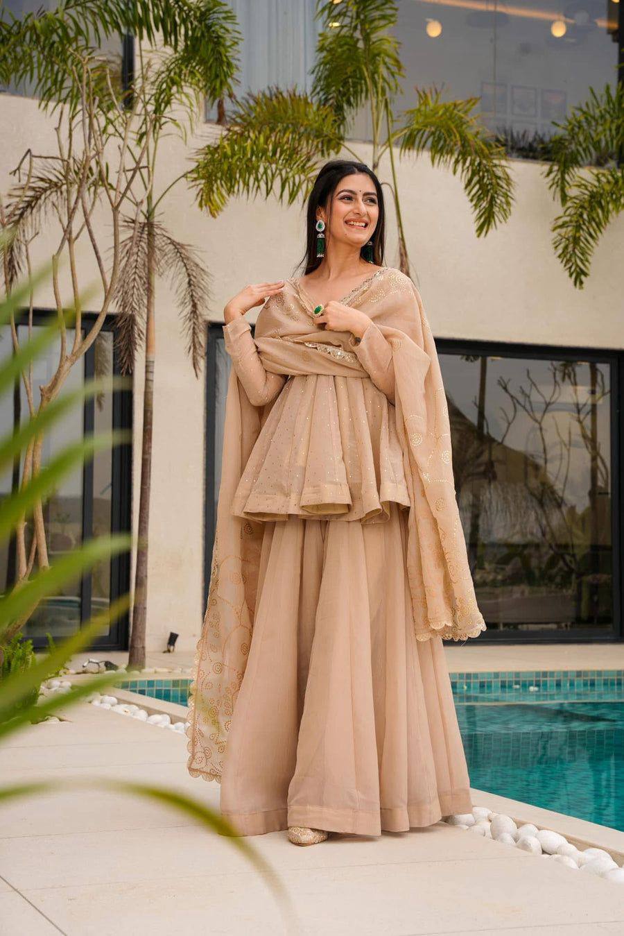Beige PEPLUM AND SHARARA WITH DUPATTA
