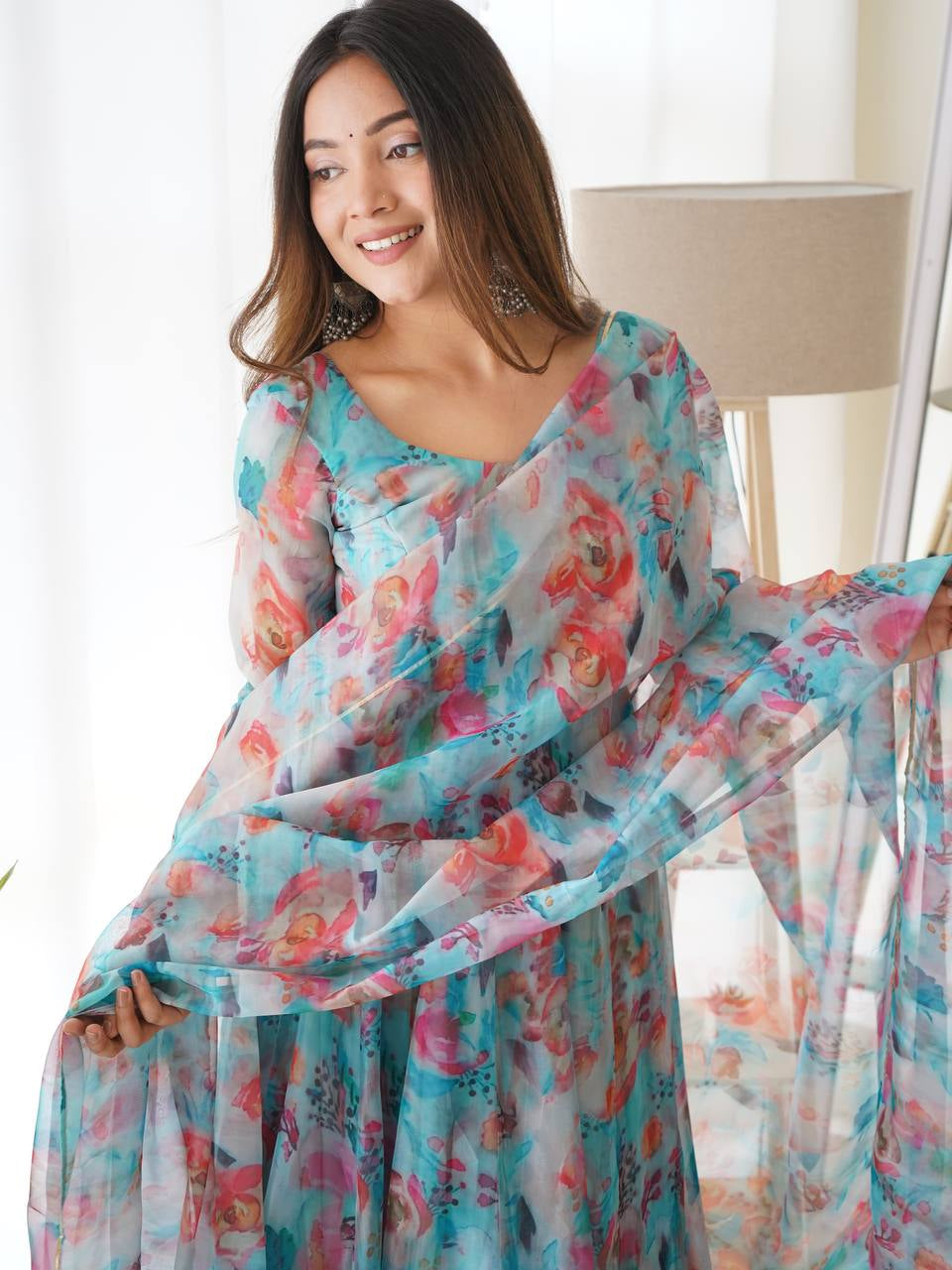 SKY BLUE MULTI COLOR PRINT ORGANZA THREE PIECE ANARKALI