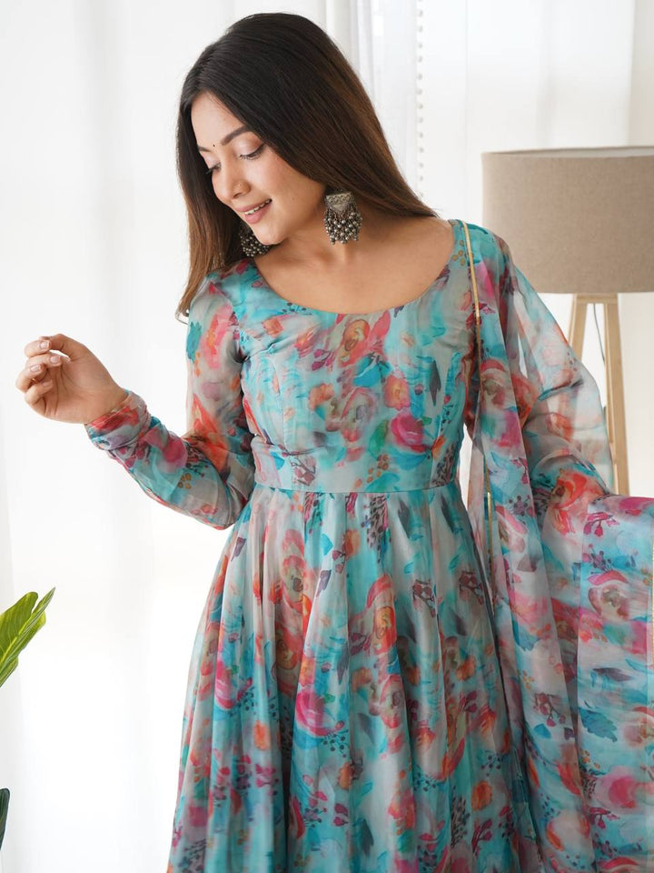 SKY BLUE MULTI COLOR PRINT ORGANZA THREE PIECE ANARKALI