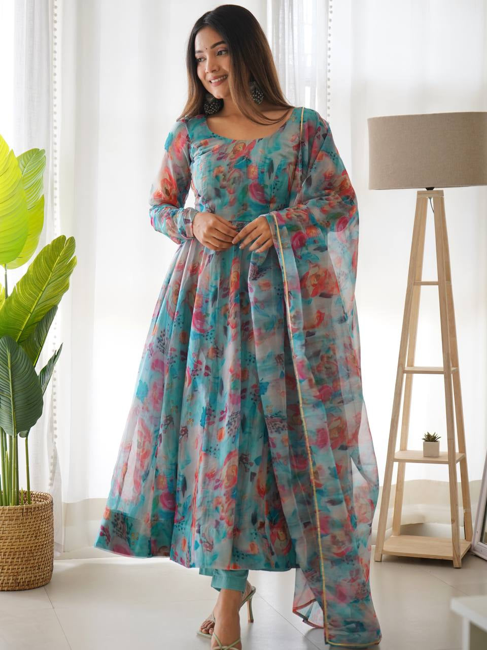 SKY BLUE MULTI COLOR PRINT ORGANZA THREE PIECE ANARKALI