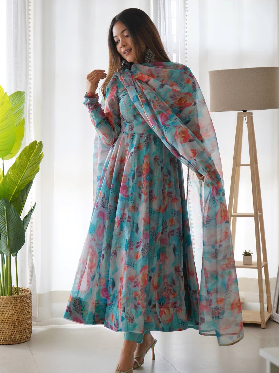 SKY BLUE MULTI COLOR PRINT ORGANZA THREE PIECE ANARKALI