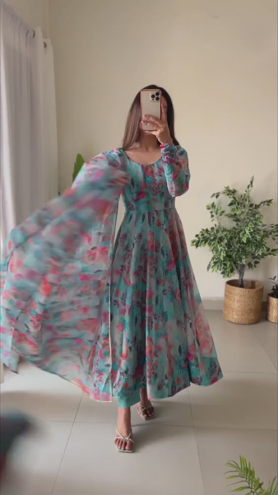 Aqua Floral Printed Anarkali Dress
