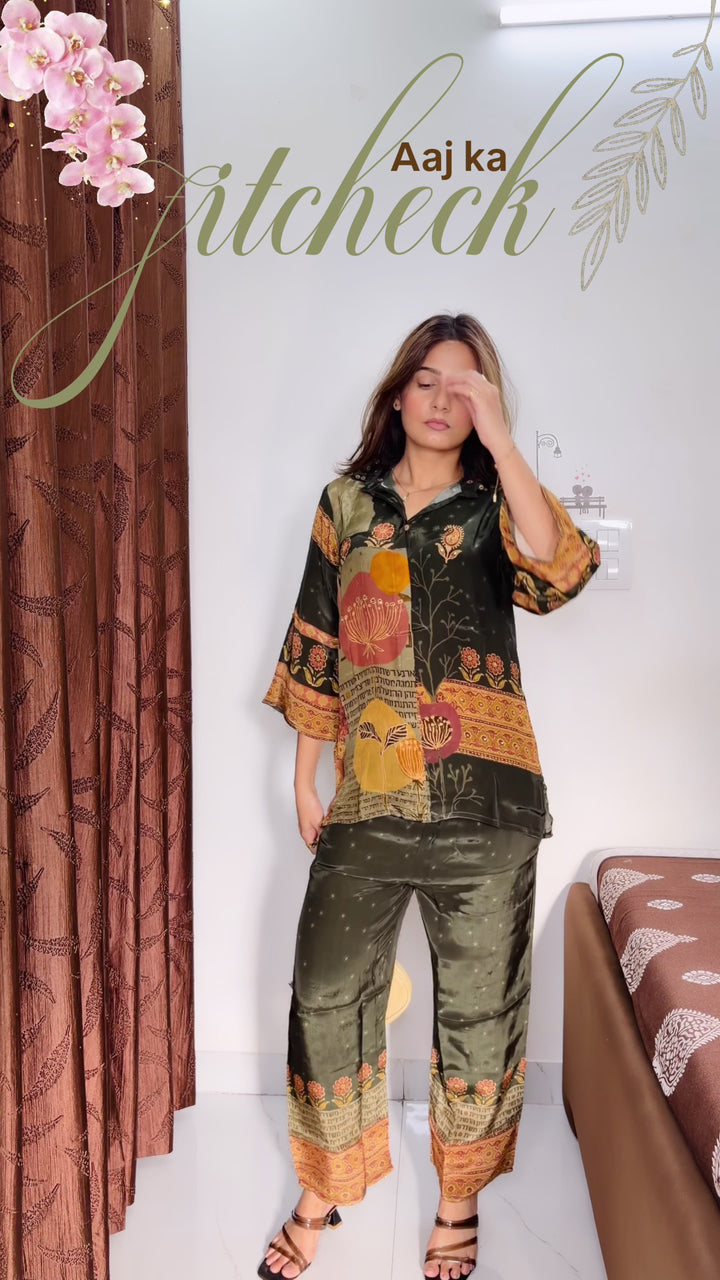 Olive Green & Mustard Printed Co-Ord Set for Women