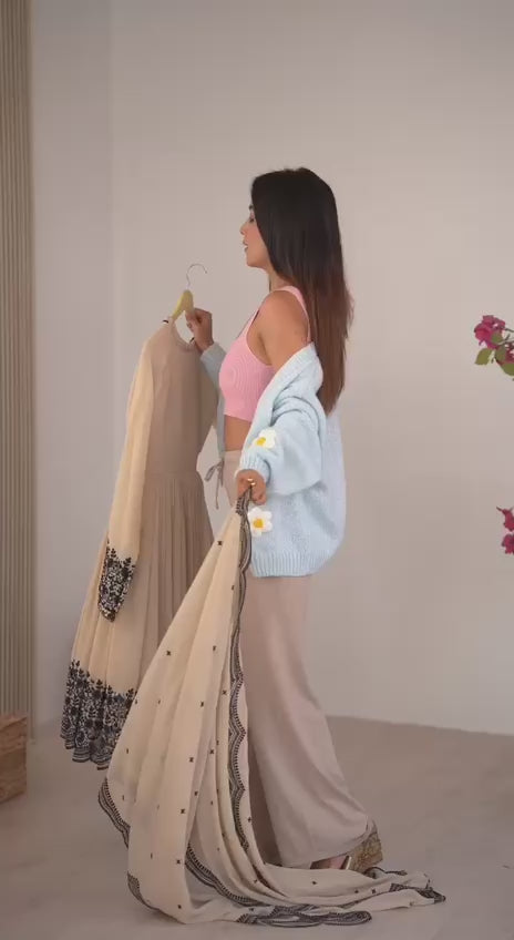 Off White Flared Kurta with palazzo and Dupatta