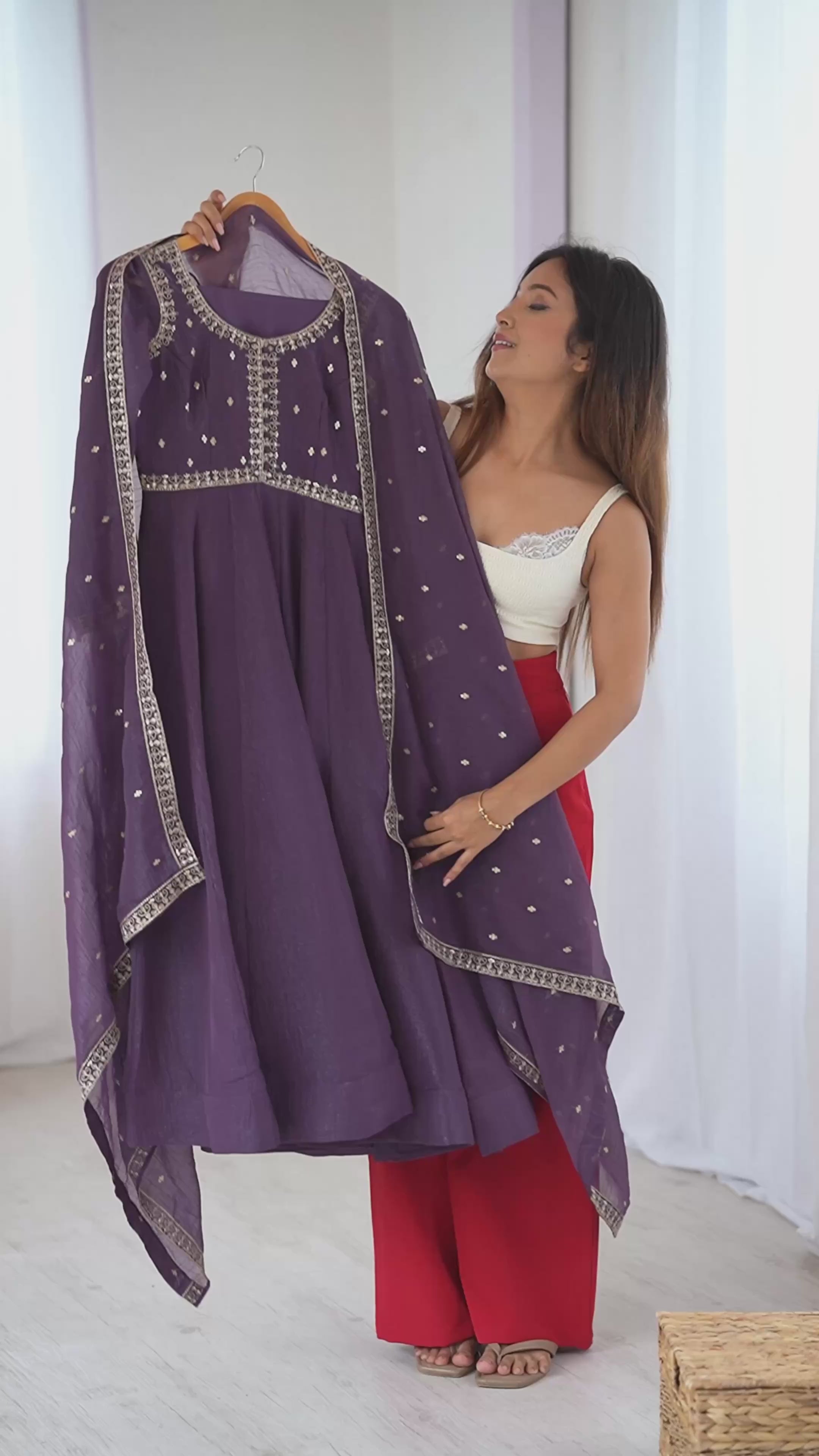 PURPLE Crunchy Silk With Embroidery ANARKALI SUIT