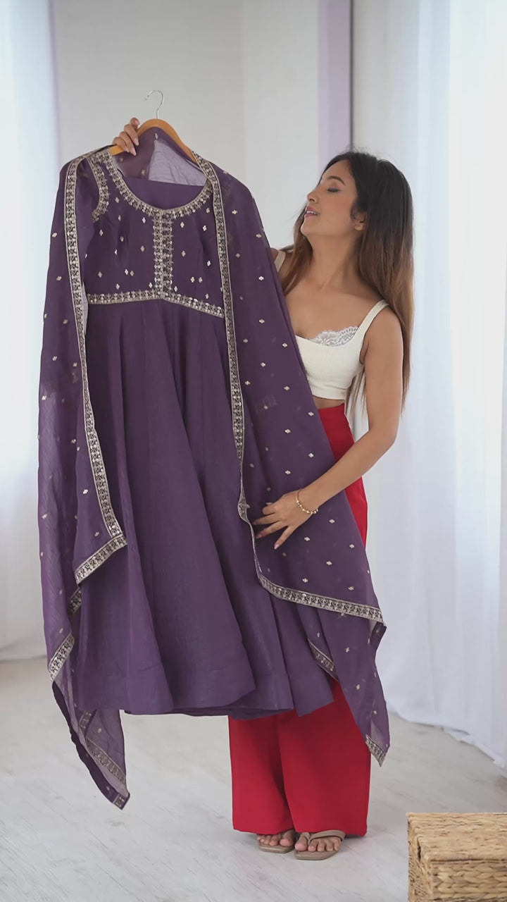 PURPLE Crunchy Silk With Embroidery ANARKALI SUIT