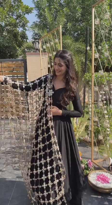 Black Roman Silk Kurta and Pants with Net Mirror work dupatta